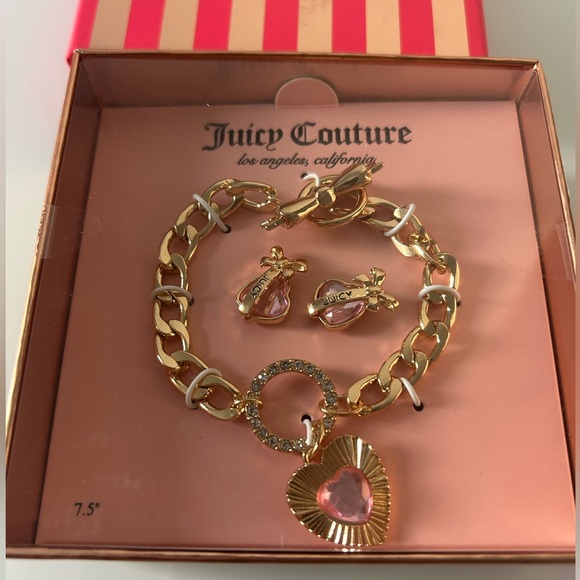 Juicy Couture Jewelry - Juicy gold and pink heart charm bracelet with earrings set
